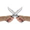 Objects Hands action - Two crossed Hand holds Survival knife. Is