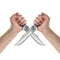Objects Hands action - Two crossed Hand holds Survival knife Iso