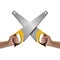 Objects hands action - Two crossed Hand saw worker. Isolated