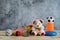 Objects on table of decoration kid toys for play and leaning background concept.Bear doll,ball,maracas and more items on modern