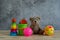Objects on table of decoration kid toys for play and leaning background concept.Bear doll,ball,maracas and more items on modern