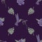 oblique flying hummingbird green leaf with small purple flower seamless pattern isolated on a dark purple background