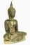 Oblique side of ancient Buddha metal statue isolated on white background