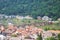 Oblique view over Neckar River and red tile roofs of Heidelberg, Germany