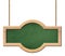 Oblong green blackboard with bright wooden frame with rounded shape and hanging on ropes