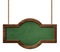 Oblong green blackboard with dark wooden frame with rounded shape and hanging on ropes