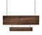 Oblong wooden double sign made of dark wood hanging on chains