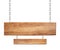 Oblong wooden double sign made of natural wood hanging on chains