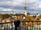 The observation deck of Tallinn. Selective focus on binoculars.