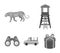 Observation tower for the hunter, leopard, hunting machine, binoculars. African safari set collection icons in