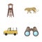 Observation tower for the hunter, leopard, hunting machine, binoculars. African safari set collection icons in cartoon