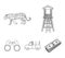 Observation tower for the hunter, leopard, hunting machine, binoculars. African safari set collection icons in outline