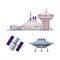 Observatory building, artificial space satellite and ufo spaceship. Space industry exploration vector illustration