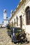 Obsolete cars, in front of the church of Colonia del Sacramento, Uruguay. It is one of the oldest cities in Uruguay