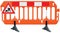 Obstacle detour barrier fence roadworks barricade, orange red and white luminescent stop signal, UK road works sign