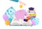 Obtain knowledge education investment, tiny woman sitting open book and read textbook flat vector illustration, isolated