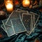 Occult guidance Tarot card background, candlelight, and mystical fortune telling scene