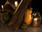 Occult still life with staircase, candles and pumpkins in witch house