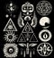 Occult symbols composition in dotwork style. Abstract mystic elements, floral wreath and sacred triangle in retro flat