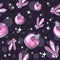 Occult and wiccan seamless pattern with alchemy objects. Pink poison bottle and amethyst, repetitive background for Halloween