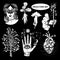 Occultism Set With Woman With Moth Eyes, Mandrake Root, Snakes On The Tree, Alchemical symbols on The Hand, Hand of God
