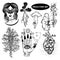 Occultism Set With Woman With Moth Eyes, Mandrake Root, Snakes On The Tree, Alchemical symbols on The Hand, Hand of God
