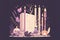 Occultism wicca style altar made of candles and crystal. Minimalist illustration in purple colors.