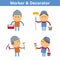 Occupations cartoon character set: worker and decorator. Vector