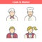 Occupations colorful avatar set: cook, waiter, baker. Thin outline icons.