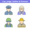 Occupations colorful avatar set: judge, policeman, fireman, sold