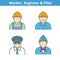 Occupations colorful avatar set: pilot, stewardess, engineer, worker. Outline icons.