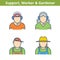 Occupations colorful avatar set: support, workman, gardener. Thin outline icons.