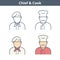 Occupations linear avatar set: cook, chief, baker. Thin outline