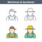 Occupations linear avatar set: workman, gardener. Thin outline i