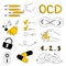 OCD set elements of symptoms, fear and intrusive thoughts. Vector illustration obsessive compulsive disorder with