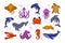 Ocean animals, characters set. Cartoon hand drawn illustration. Dolphin, shark, whale, crab, octopus, jellyfish, squid, electric