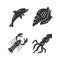 Ocean animals glyph icons set. Dolphin, squid, lobster, triton. Underwater world inhabitants. Swimming fish. Sea fauna