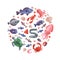 Ocean animals seafood and cooking fish flat icons