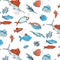 Ocean animals underwater sketch. Monochrome fish line art. Summer tropical food. Deep water illustration for restaurant