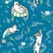 Ocean Aqua Magical Purrmaid Diving Cats Cartoon