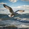 Ocean aviator Gull in flight, wings span over the sea