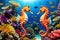 Ocean Ballet: Seahorse Nestled Amidst a Kaleidoscope of Coral Reef, Tentacles of Anemones Swaying, Schools of Tiny Fish in Harmony