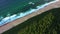 Ocean beach, nature and drone aerial view of outdoor harmony, freedom and natural environment trees. Eco friendly