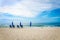 Ocean beach scene with chairs and umbrellas