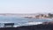 Ocean beach and sea waves, California coast. Beachfront waterfront empty bench.