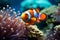 Ocean beauty Vibrant clown fish navigate a lively coral environment