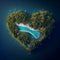 Ocean birds eye view little tropical island heart shape. Illustration Generative AI