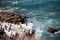 OCean birds resting on the rock - cormorands and pelicans against pacific ocean waves