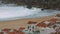 Ocean coast with houses and rocks in Nazare, Portugal