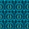 Ocean colorful Seahorses and Jellyfish seamless pattern, blue turquoise colors. Sea animals wallpaper damask style.